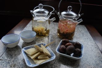 Our Flowering tea with a selection of cute tea snacks