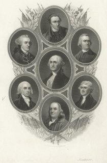 Photo of Patrick Henry, John Hancock, Geo. Washington, Sam Adams, Jas. Madison, Tho. Jefferson [and] Ben Franklin